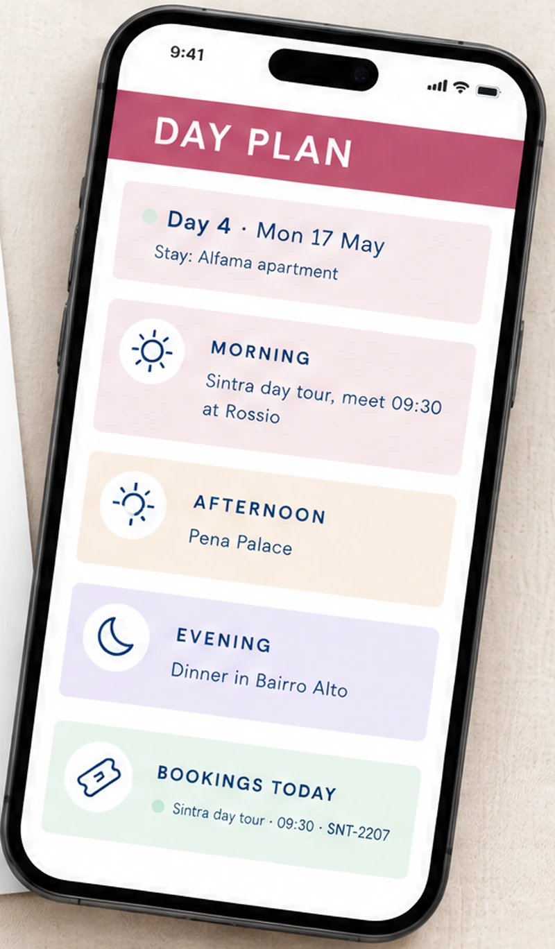 Day Plan of the sample trip on a phone, showing Day 4 with the Sintra day tour at 09:30 and its confirmation number SNT-2207