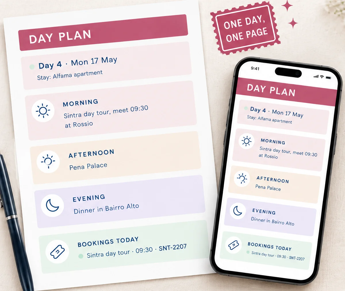 Day Plan of the sample trip on a phone and on a printed page, showing Day 4 with the Sintra tour and its confirmation number